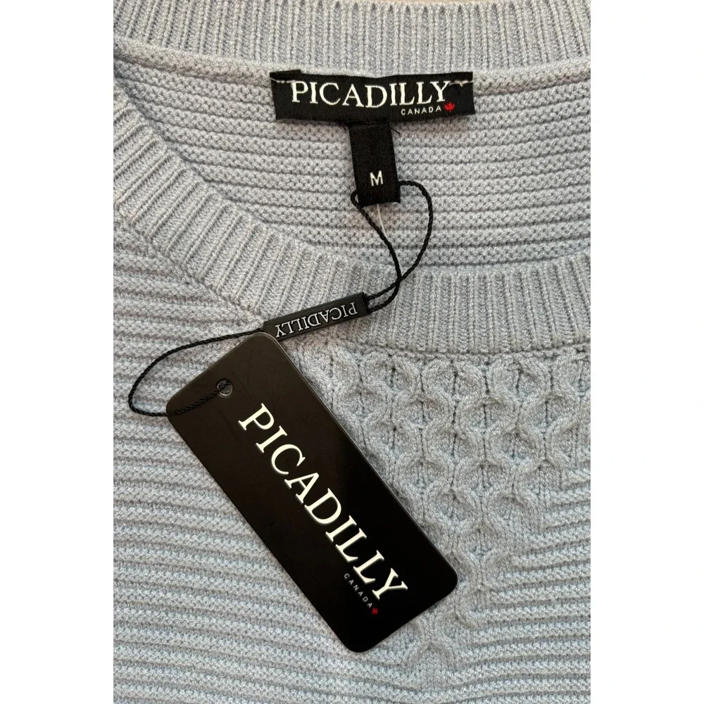 Cable Knit‎ Tunic Sweater by Picadilly Canada Size M Light Blue Asymmetrical NWT